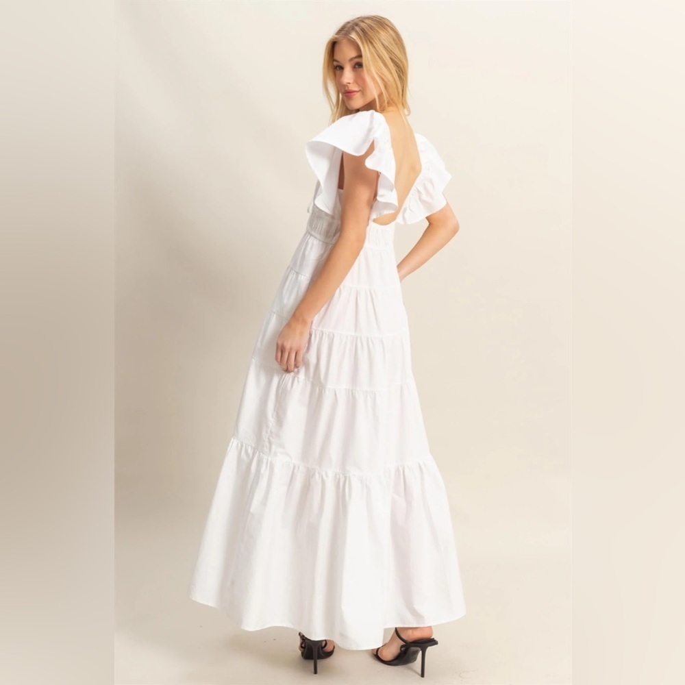 NEW HYFVE White Flutter Sleeve Tiered Cotton Maxi Dress Size Small - Picture 3 of 7